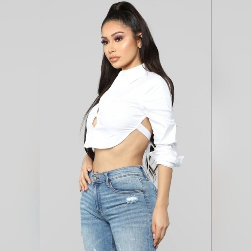 Fashion Nova Cater To You Tie Up Crop Top Long Sleeve Polo Shirt Blouse Size M